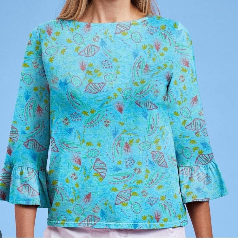 NEW Fresh Produce Kira Turtle Cove Bell Sleeve Top Tee Sz 1X 3/4 Sleeve Blue NWT